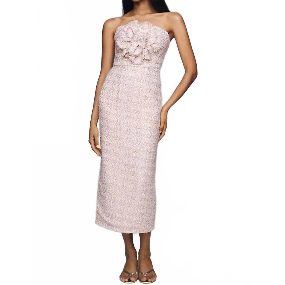 Mac Duggal Blush Pink Strapless Midi Dress with Floral Bust